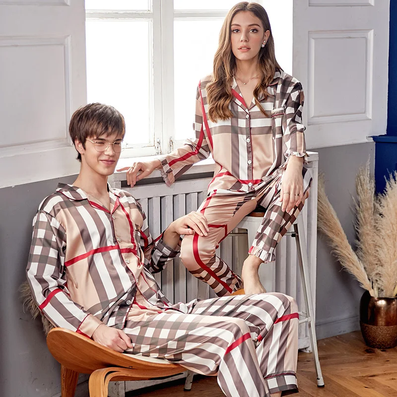 

Silk Pajama Sets Female High Quality Faux Silk Couple Sleepwear Man Woman Plaid Style Silky Pyjamas 2-Piece X9957
