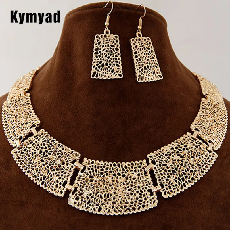 

Kymyad African Indian Jewelry Set Flower Hollowed Jewelry Sets Chunky Necklace Earrings Set For Women Jewellery Accessories
