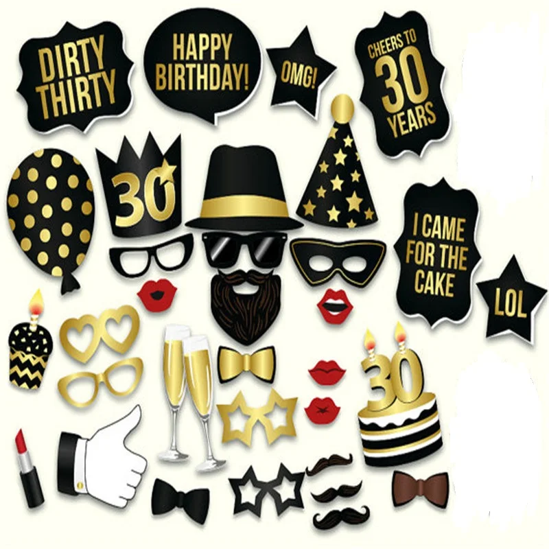

2017NEW Wedding Party Decor 30 Years Old Celebration Birthday Photo Booth Props Funny Mask Glasses Photography Event Favor 36PCS