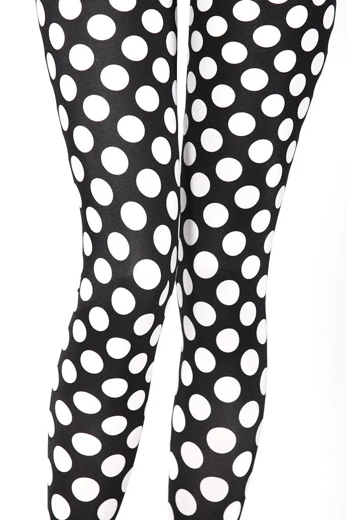 Women White Spots on Black Print Leggings Slim Fit Thin Elastic Polyester Cos Party Pants Casual