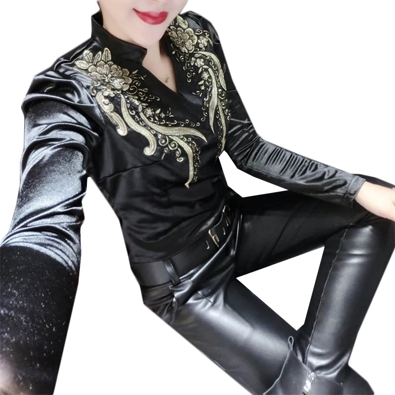 long sleeve black satin shirt