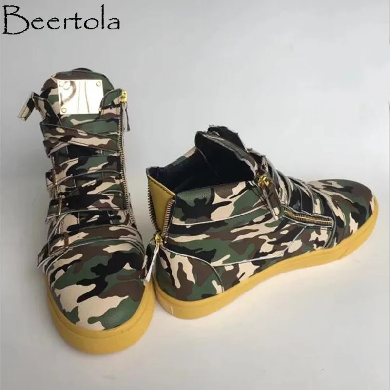 

Beertola New Flats Men Camouflage Buckle Strap Zipper High Top Sneaker Shoe Men Fashion Model Cool Style Sapato Masculino Shoes