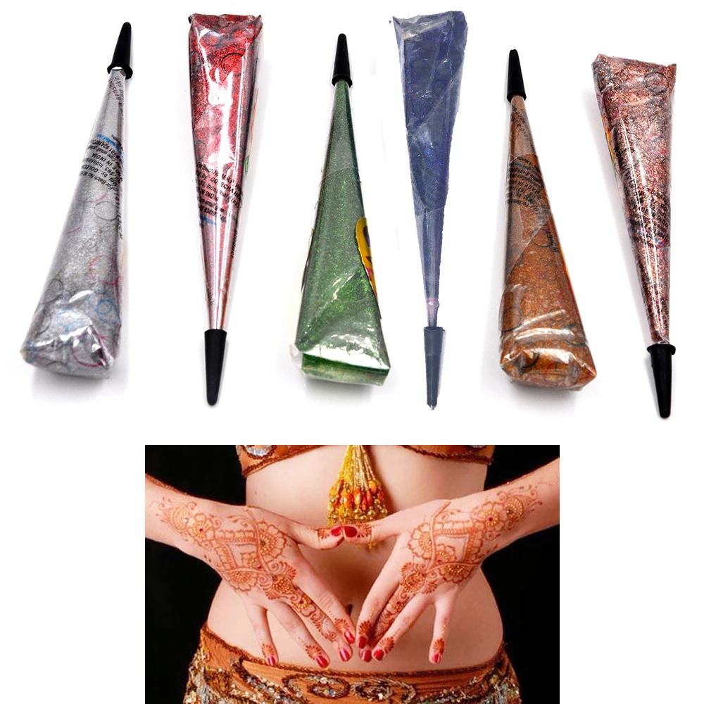 1 قطعة هيئة الفن الوشم الحناء بريق المخروط 6 ألوان الليزر معجون الطلاء المؤقتة رسم موقع قران الهندي مخروط بريق المرحلة 2017