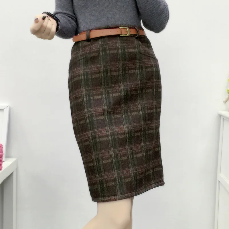Fake pocket package hip skirt autumn and winter thick font b tartan b font woolen high