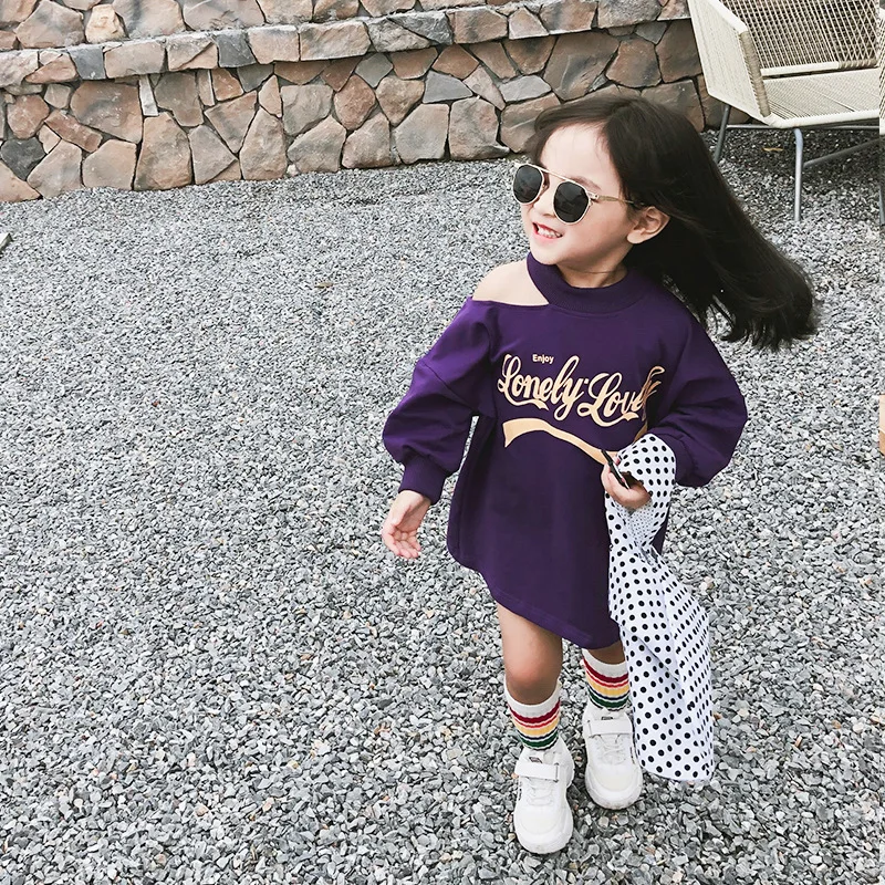 

Children Girls Sweater Dress Autumn Long Sleeve Letter Printed Dress Fashion Strapless Shoulder Dress Baby Clothes Girl Dresses