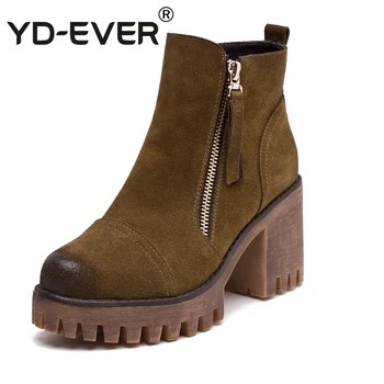 

YD-EVER genuine leather women boots spring autumn winter real fur snow boots high Thick High heel warm pumps zipper boots