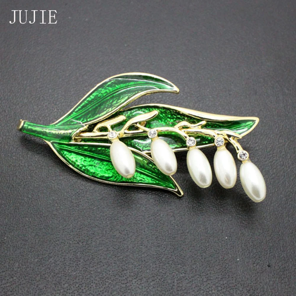 JUJIE Fashion Green Enamel Leaf Brooches For Women 2019 Retro Pearl