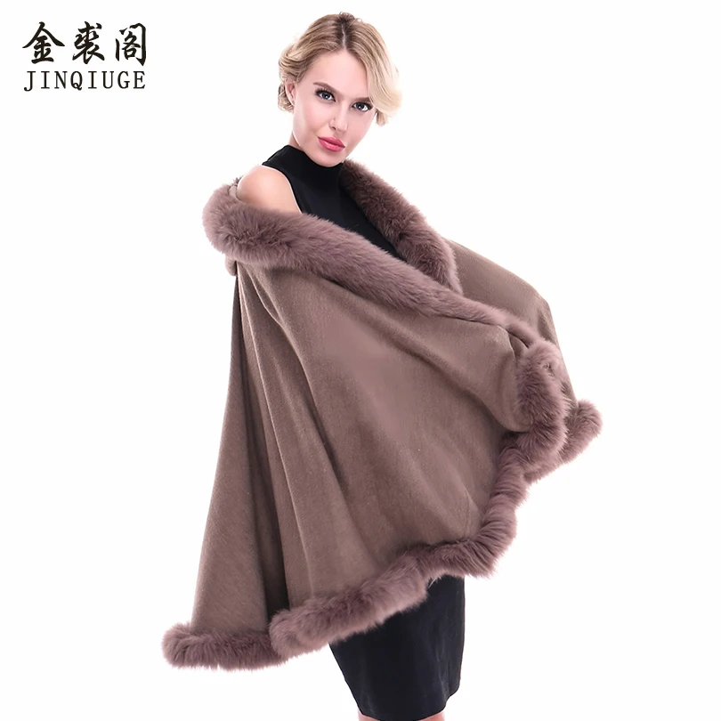 JINQIUGE Women's Real Fur Shawls Wool Blends Fox Fur Collar Hooded Pashmina Coat Cape New 2017 Women Wool Real Fox Fur coats JINQIUGE Women's Real Fur Shawls Wool Blends Fox Fur Collar Hooded Pashmina Coat Cape New 2017 Women Wool Real Fox Fur coats
