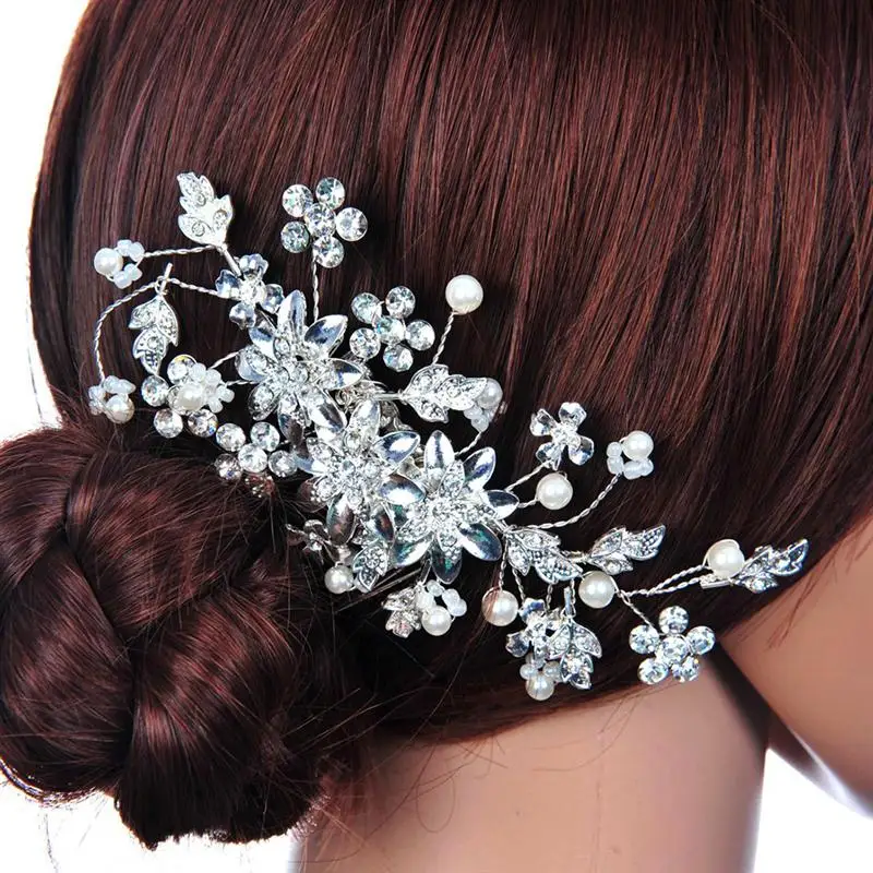 

Delicate Women's Bridal Wedding Rhinestones Pearl Decor Flower Style Hair Comb Clip Hair Pin Hair Accesories (Silver)