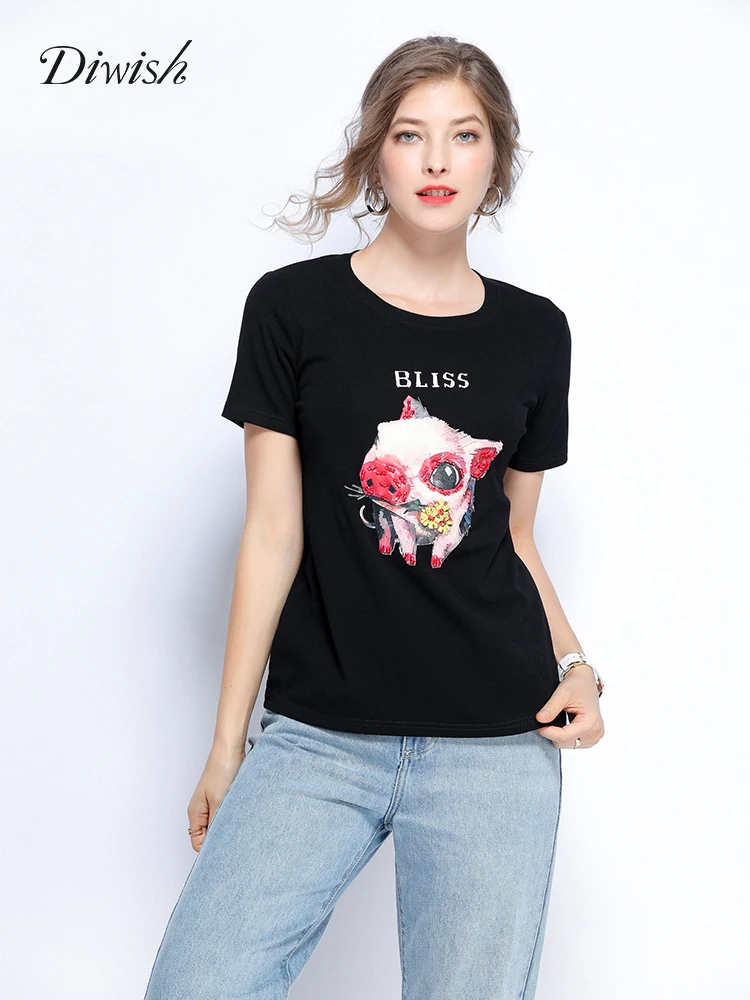 

Diwish Women T-shirt 2019 Summer Cartoon Letters Printed Beading Short Sleeves O Neck Plus Size Casual Streetwear Black Tee Top