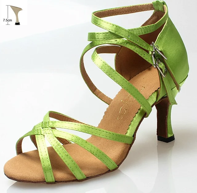 Professional Green Satin Dance Shoes Latin Ballroom Shoes Salsa Dance