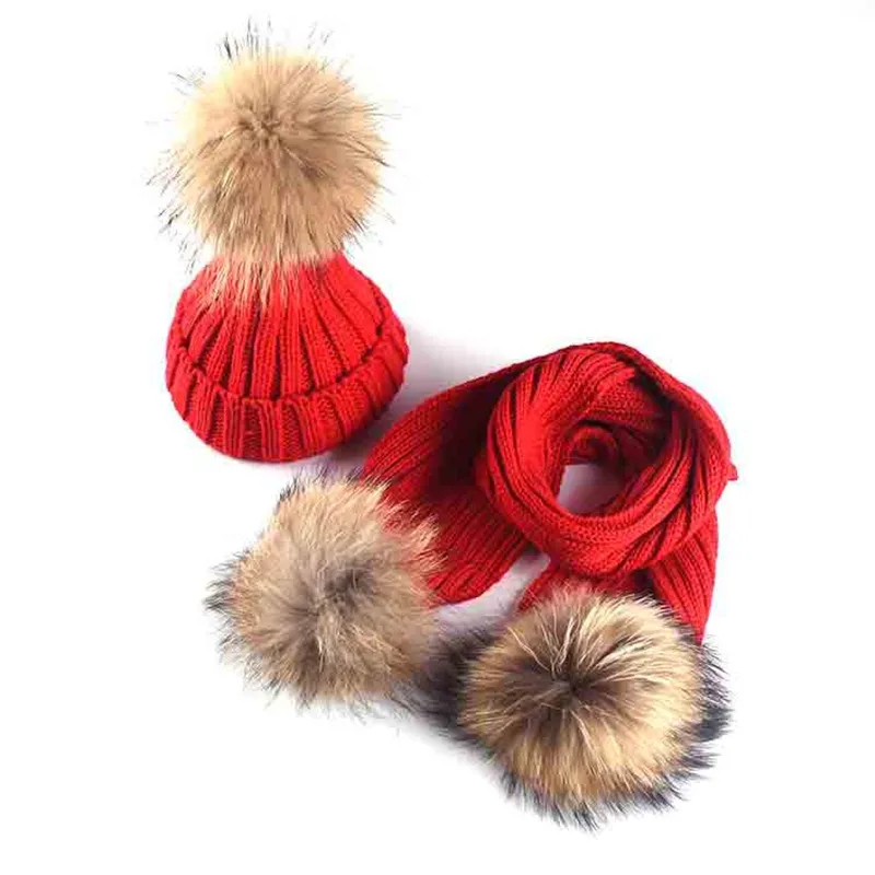 Зимняя детская теплая Толстая шляпа шарф-перчатка, комплект из 2 предметов, вязанный Натуральная шерсть, шапка с помпоном, комплекты детские вязаные шапки шарфы-кольца для мальчиков и девочек