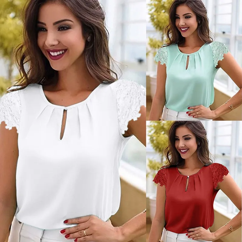 المرأة عارضة كشكش قصيرة الرباط كم بلوزة شيفون أزياء فتاة الصلبة س الرقبة الصيف قميص قمم blusas موهير دي مودا 2019