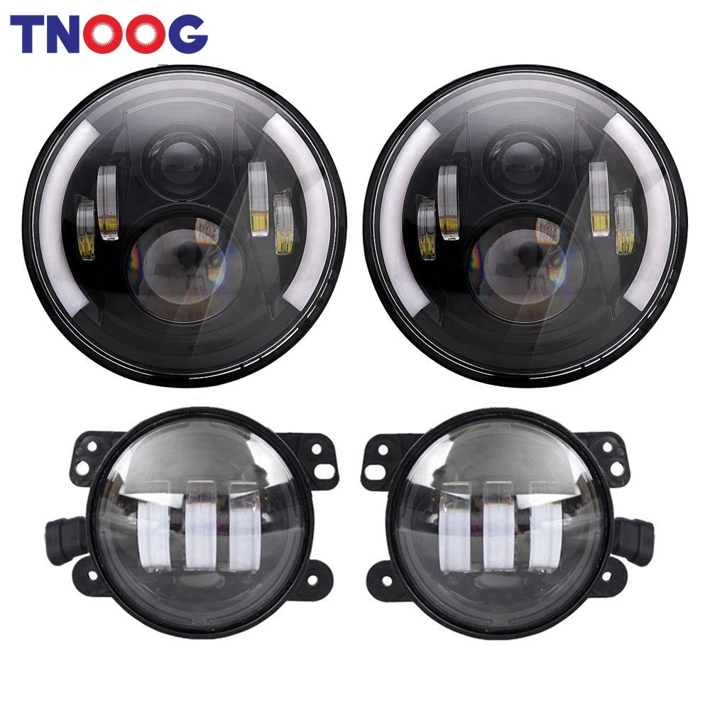 

TNOOG Pair 7Inch Led Round Headlight + Pair 4Inch Front Bumper Fog Light For 2007-2017 Jeep Wrangler JK JKU Sahara Rubicon Sport
