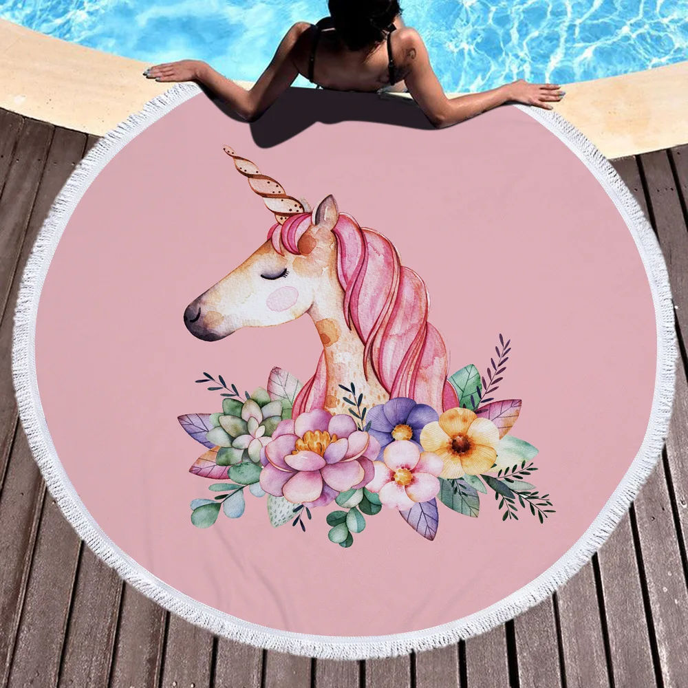 

2018 Hot Sale Practical Kawaii Unicorn Microfiber Large Round Beach Towel Cartoon Pattern Cloth Blanket Perfect Gift For Child