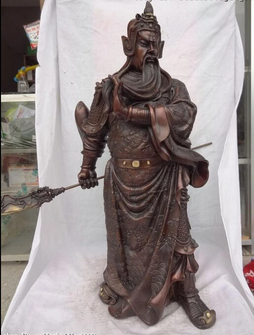 

JP S62 25" Chinese Pure Bronze Warrior ZhongYi GuanGong Dragon Standing GuanYu Statue