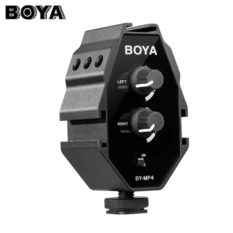 

BOYA BY-MP4 2 Channel 3.5mm Mono Stereo Modes Audio Adapter for Iphone Smartphones DSLR Camera Camcorders Dual Mic Mounted
