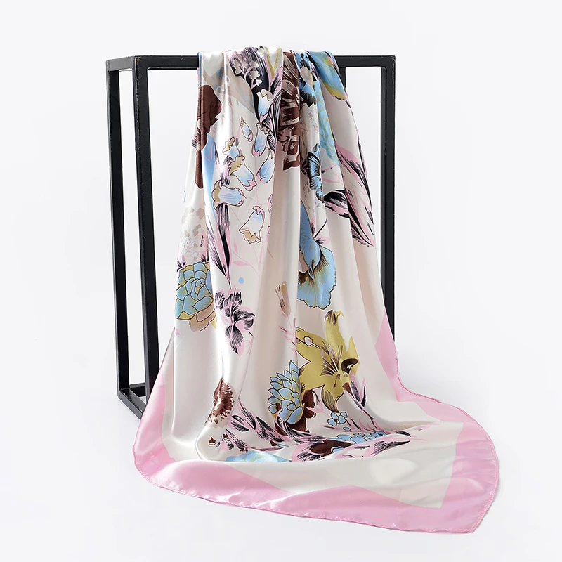 Женский большой квадратный шарф мягкий атласный платок для защиты от солнца женский имитированный сатиновый шарф бандана с цветочным