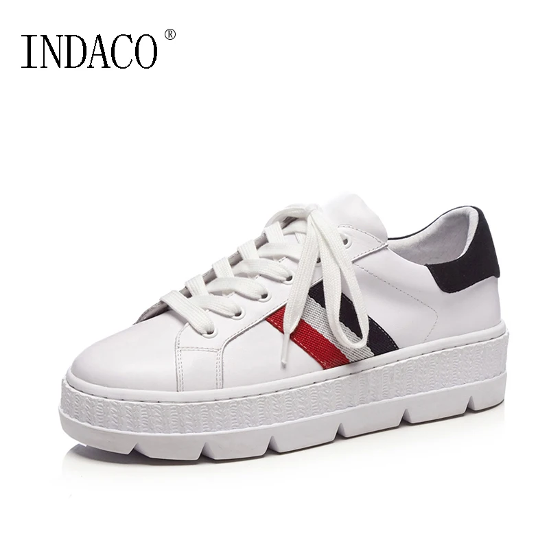 White Leather Casual Shoes Lace Up Flat Platform Sneakers Lace Up Schoenen Dames Sneakers 4.5cm lace up flatform velvet sneakers