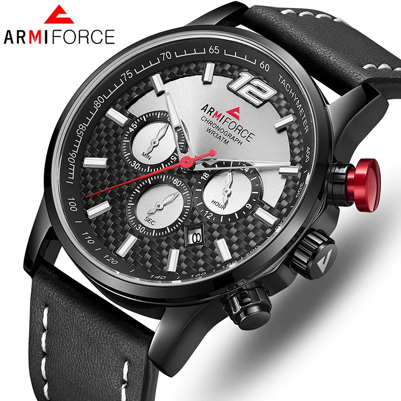 Роскошные мужские часы ARMIFORCE спортивные наручные из натуральной кожи кварцевые