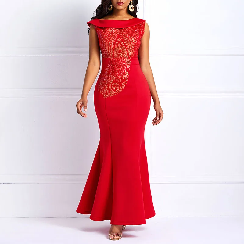 

Sequins Party Bodycon Mermaid Long Dress Women Elegant Slim Ruffle Office Ladies Prom Evening Formal Solid Red Sexy Maxi Dresses