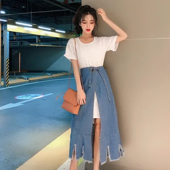 

Summer Short Sleeve White Top Loose High Waist Midi Jeans Skirt Tassel Two Piece Set Woman Slim Open Side Split 2 Pcs Set Women