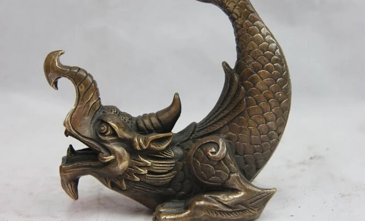 

S0379 Chinese Folk Copper Bronze Feng Shui Evil Lucky Dragon arowana Dragonfish Statue D0318