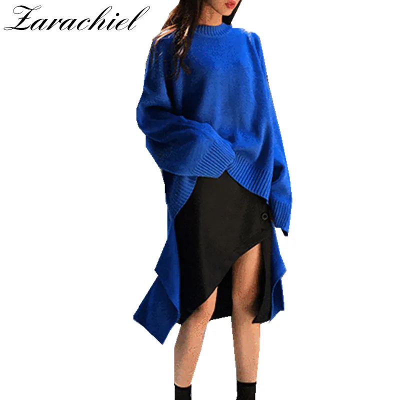 

Korean Designer Chic Knitted Sweater Pullover 2018 Autumn Women Highstreet Spilt Loose Irregular Hem Open Fork Pull Femme Top
