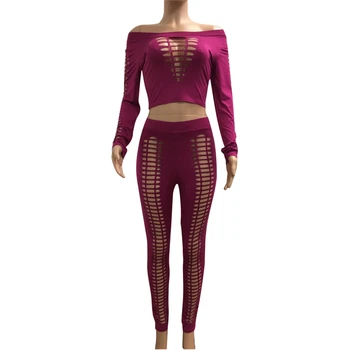 

NEW Women Ladies Clubwear 2Pcs Long Sleeve Ctop top Fashion Hole Skinny Bodycon Pants Women sets suits Solid Hot Sale Night club