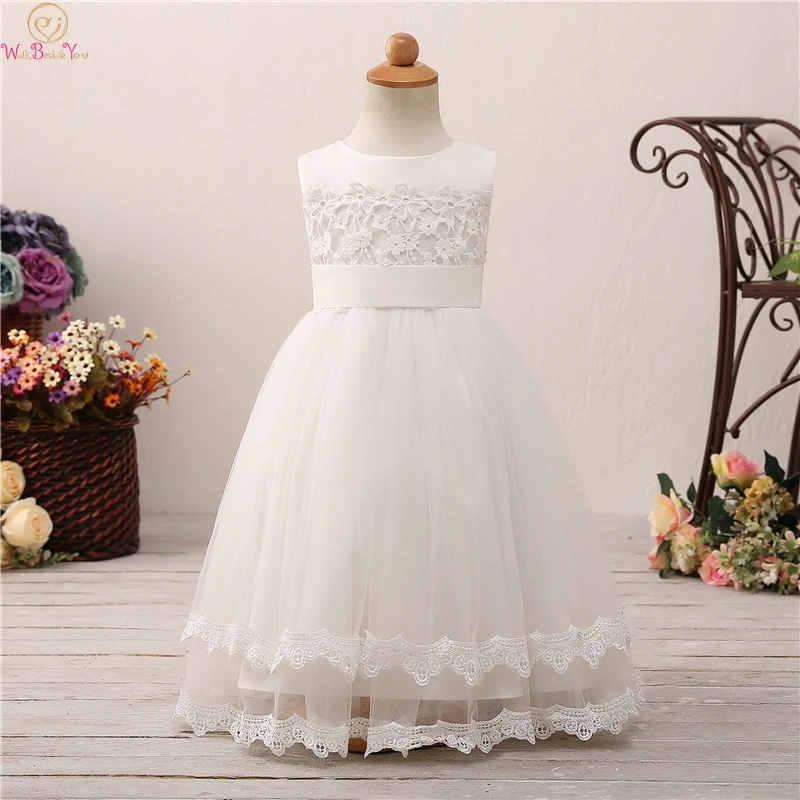 

2019 Sleeveless Floor Length Ball Gown Flower Girls Dresses For Wedding Elegant Appliques With Bow First Communion vestido Gowns