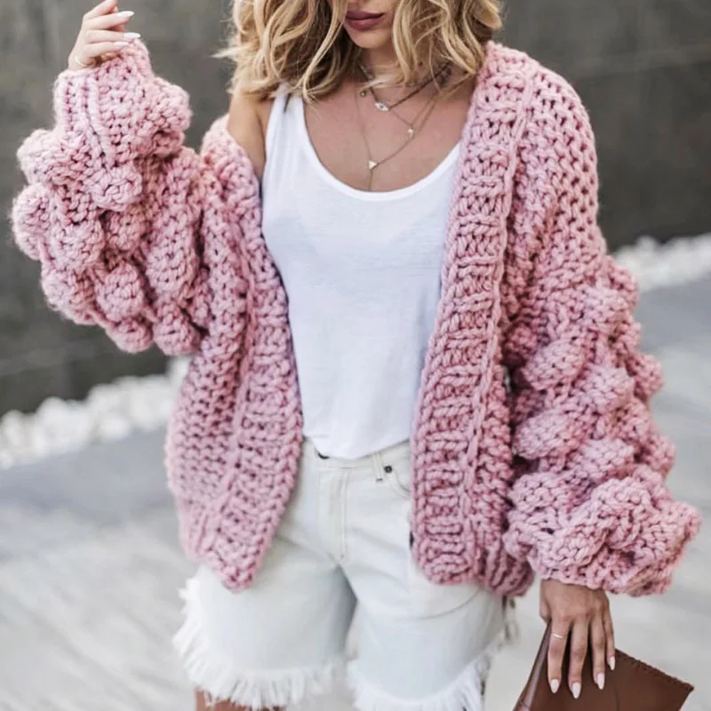 

Hand-Woven Ball Lantern Sleeve Sweater Cardigan Coat 2019 Autumn and Winter New Fashion Korean Female Sweaters Women Clothing