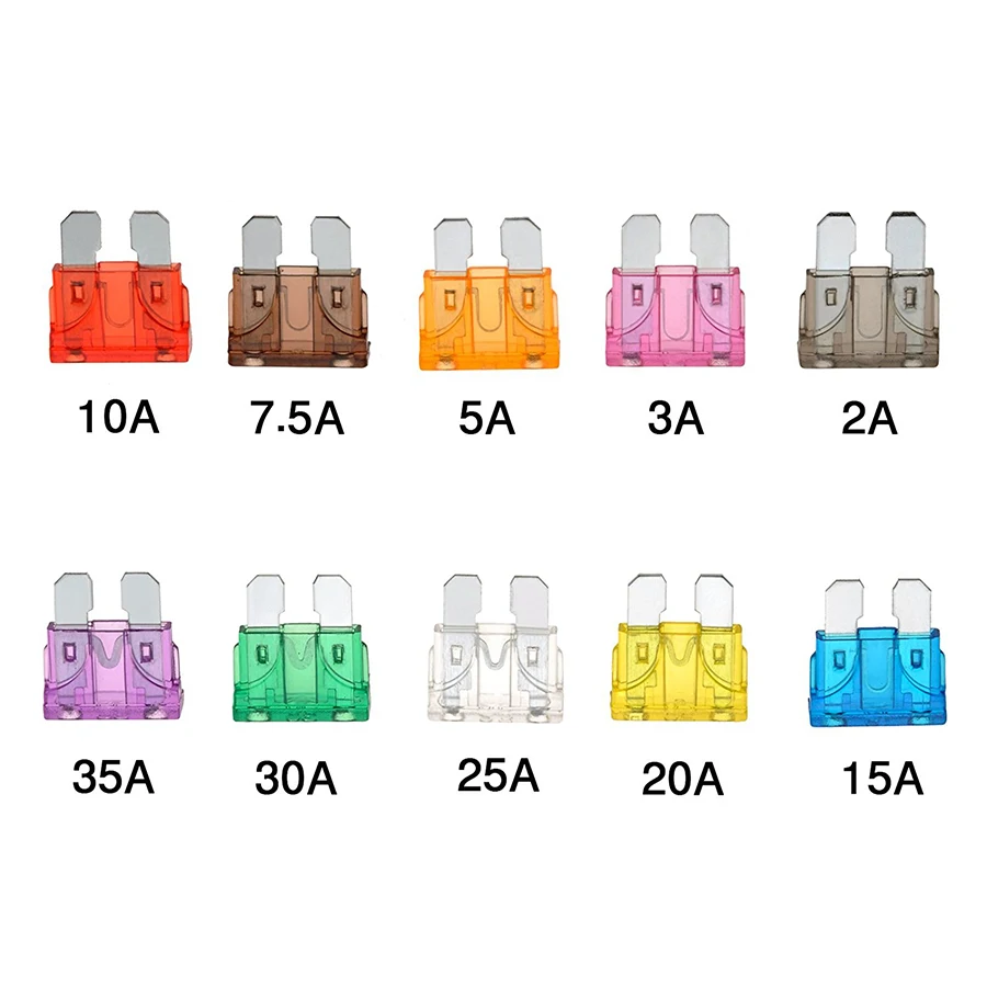

Car Fuse 100pcs/lot circuit breaker 10 Volt Car Fuse Blade Kit Assortment with Box 2A 3A 5A 7.5A 10A 15A 20A 25A 30A 35A 10pcs