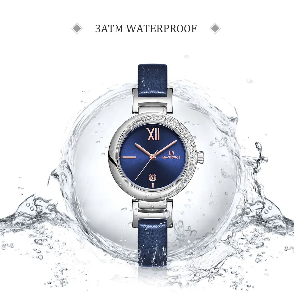 Новые женские часы NAVIFORCE, женские часы с бриллиантами, модные синие часы из натуральной кожи, аналоговые женские кварцевые наручные часы reloj mujer