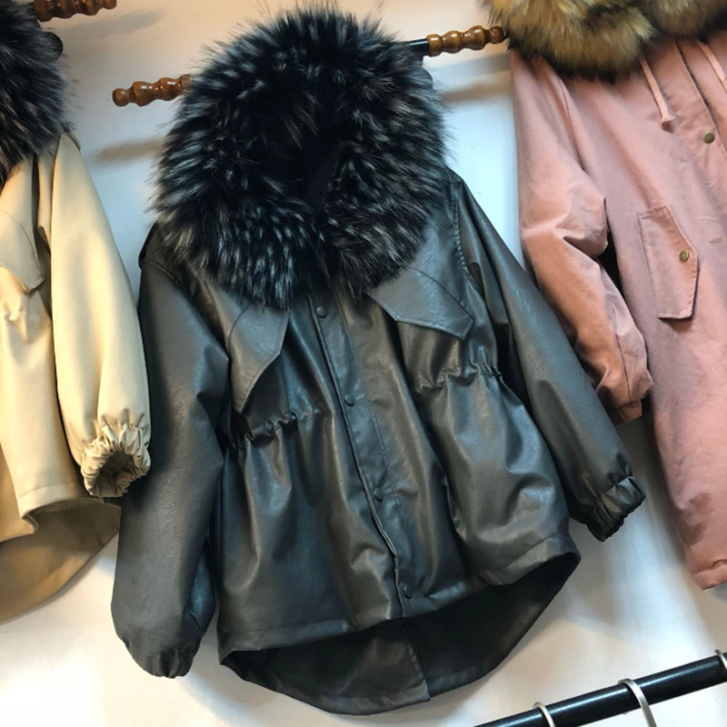 Зимняя женская новая теплая черная парка из искусственной кожи женская модная куртка с капюшоном и воротником из натурального меха повседневное Свободное пальто с длинным рукавом Z442