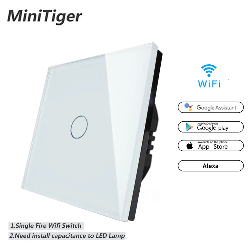 

Minitiger WIFI Home Smart Switch APP Wireless Remote Light Touch Switch Crystal Glass Panel Work With Alexa / Google Home