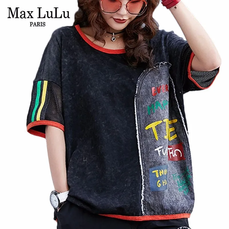 Comprar Max LuLu 2019 verano moda coreana señoras Punk camisetas mujeres Sexy malla negro camisetas Vintage Patchwork impreso camiseta de talla grande