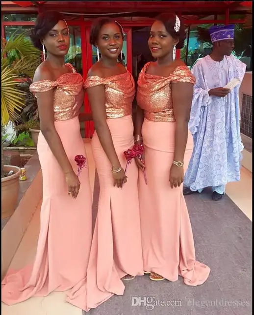 2016 Chiffon Rose Gold Bridesmaid Dresses Mermaid Off Shoulder Cheap Wedding Party Dresses Plus Size Maid