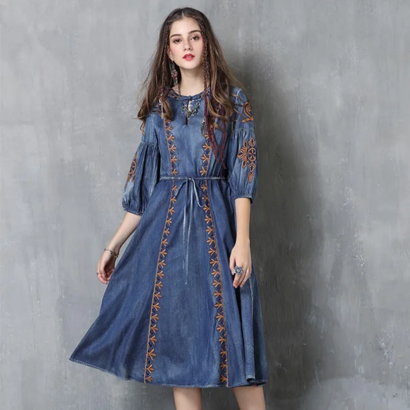 

Spring Summer Women Casual Denim Dress Female Dresses Jeans Dresses Retro Jeans Ladies Drawstring Dress vestido robe femme