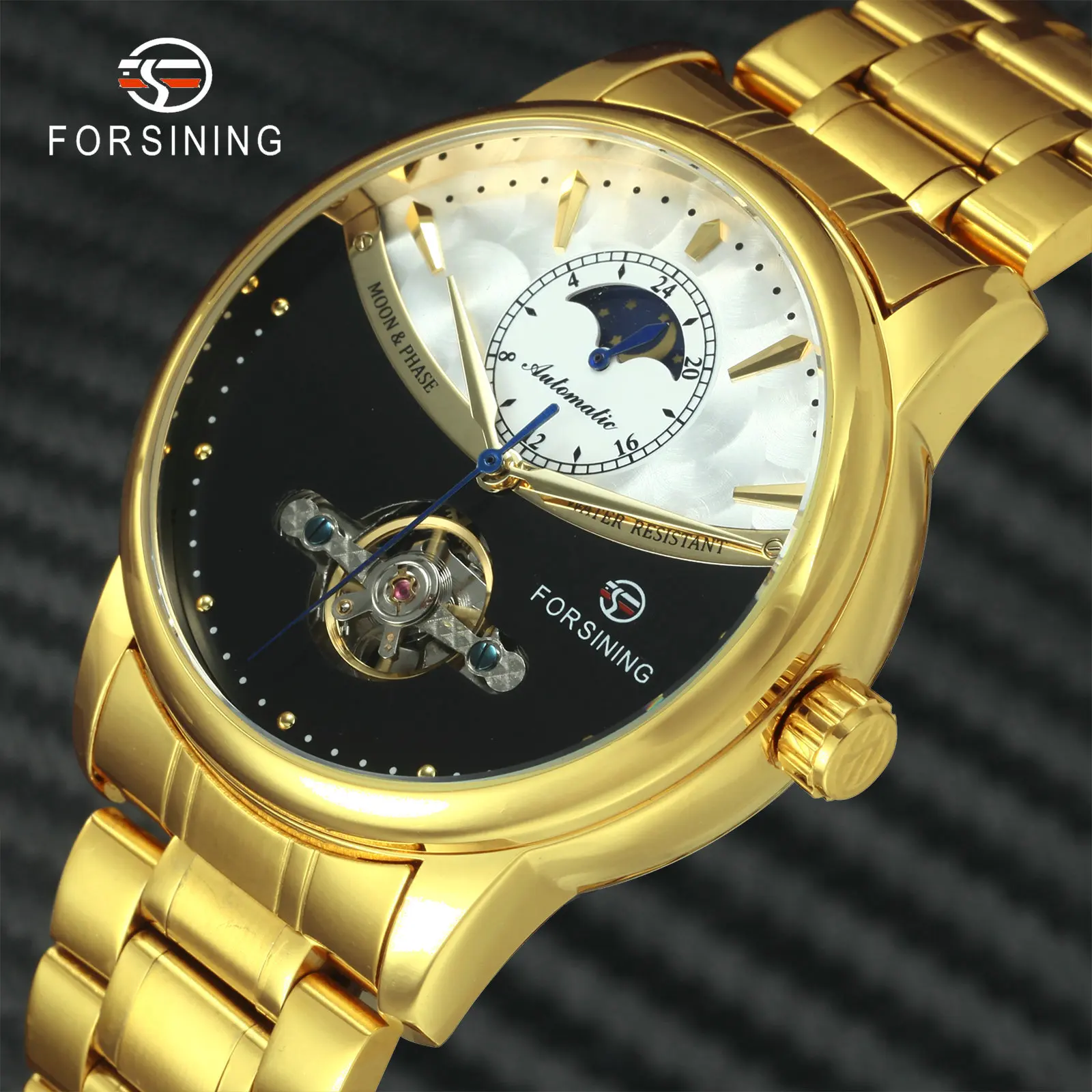 

FORSINING Automatic Gold Watch Mechanical Men Tourbillon Watches Skeleton Moon Phase Dial Stainless Steel Strap Wristwatch Mens