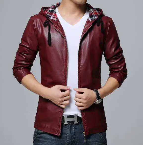 Новая искусственная кожа для мужчик куртки с капюшоном Пальто черное вино красное большие размеры 5XL Прямая Высокое качество мужские плюс пальто мужская одежда - Цвет: HM5036 Wine red