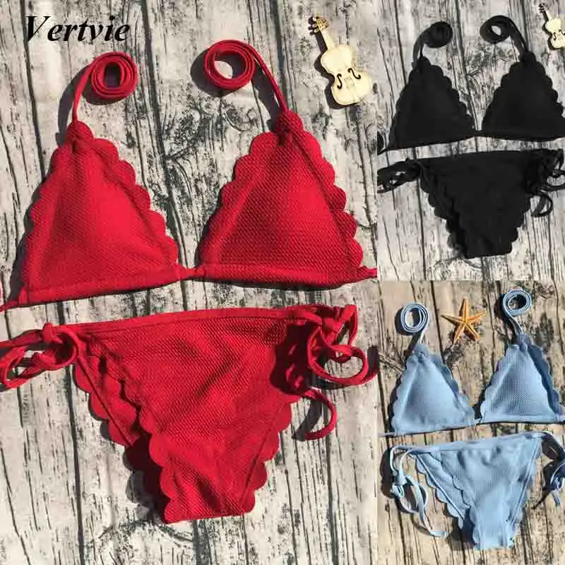 Vertvie Sexy Floral Side Swimwear Women Bandage Thong Halter Summer