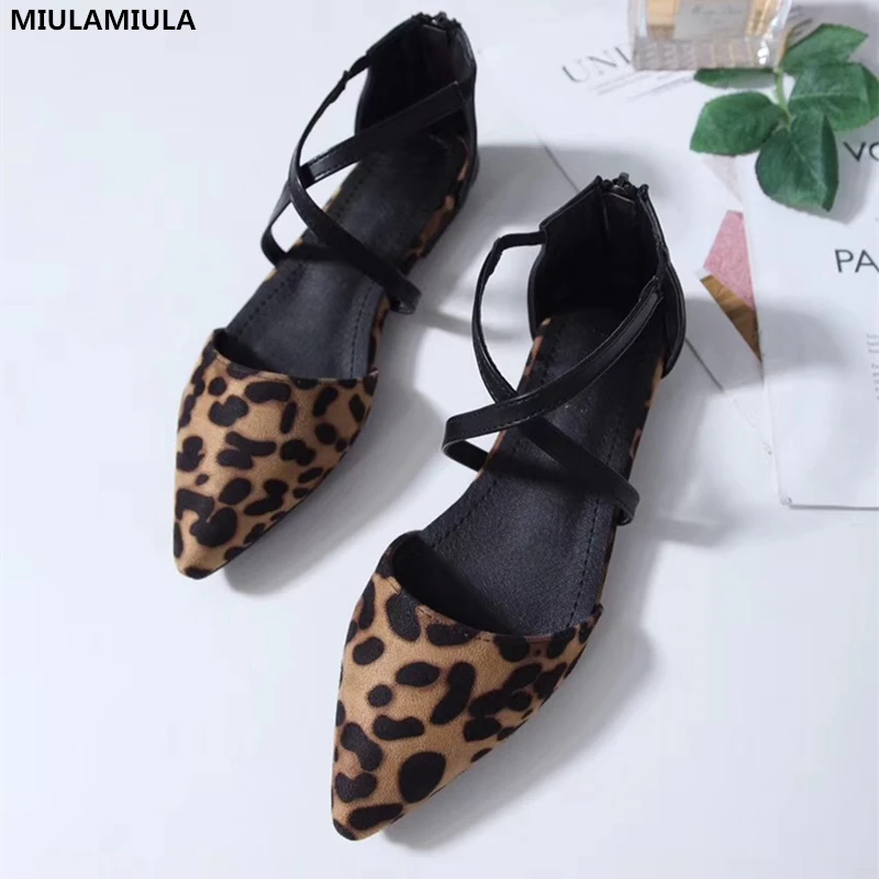 

MIULAMIULA Brand Designers 2018 New Arrival Sexy Cross Tie Leopard Flock Sandals Zipper Woman Shoes Pointed Toe Lady Shoes 35-40