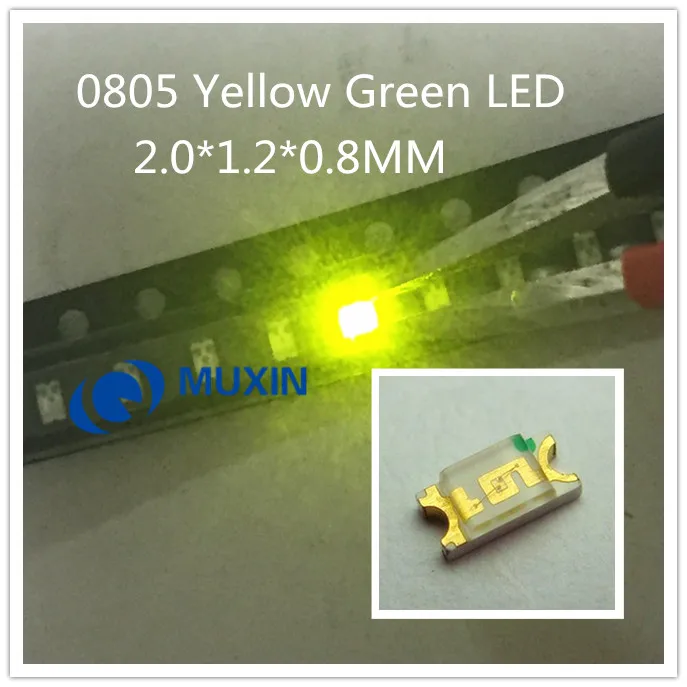 100 шт. 0805 SMD Желтый Зеленый светодиодный чип 20 мА Постоянный ток 2 в