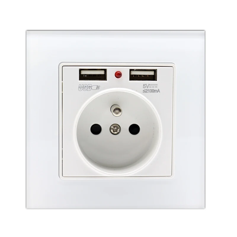 

French Standard 16A Wall Power Socket White Crystal Glass Panel Outlet 2.1A Dual USB Socket Charger Port for Mobile