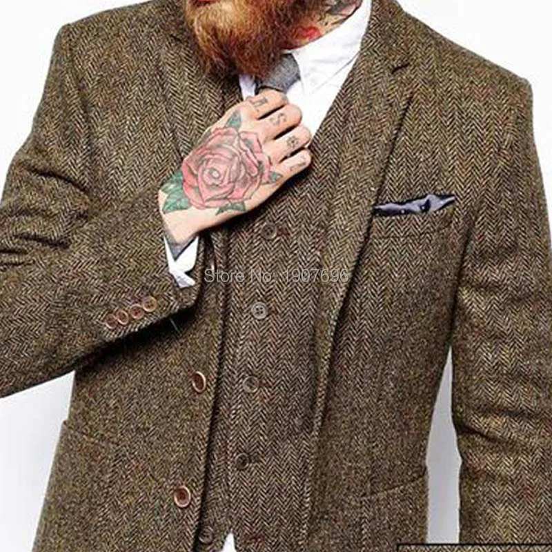 Хаки Твид Мужские костюмы Slim Fit Жилет зубчатый лацкане 3 шт Свадебные смокинги