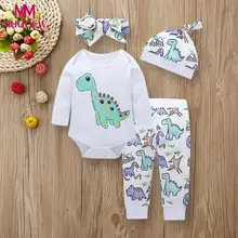 Комплект одежды для маленьких девочек костюм для мальчиков комплект одежды из 4 предметов для маленьких мальчиков и девочек, ромпер с динозавром+ штаны+ шапка+ повязка на голову