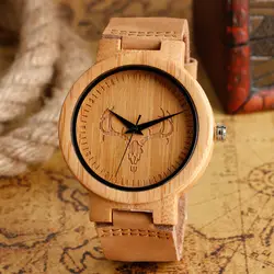 Модный олень Alce череп робот дизайн ручной работы деревянные наручные часы с коричневым Geunine кожаный ремешок хаки бамбуковые часы для мужчин