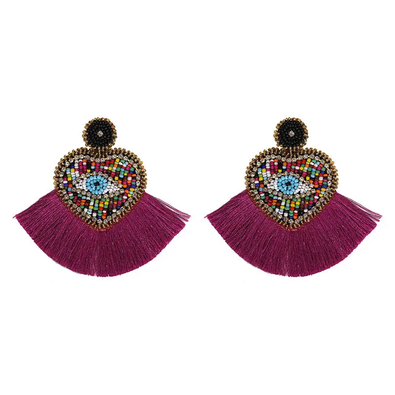 Ethnic Beaded Heart Eye shape Tassel Statement Earrings Jewelry Bohemian Vintage Chic Birthday Gift Drop Earring for Women