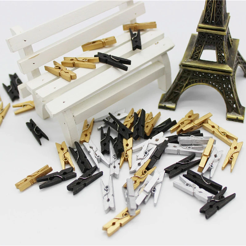 

100Pcs Mini Wooden Clips 2.5CM Golden/Silver/Black Party Decoration DIY Arts Pegs Small Spring Clamps Memo Paper Photo Clips