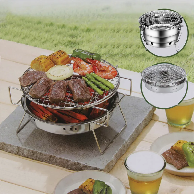 Horno de barbacoa de acero inoxidable al aire libre portátil redondo plegable estufa de Picnic calefacción Camping utensilios de cocina Kamp